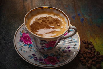 Still life- autumn motif. Breakfast- cup of coffee is on the table