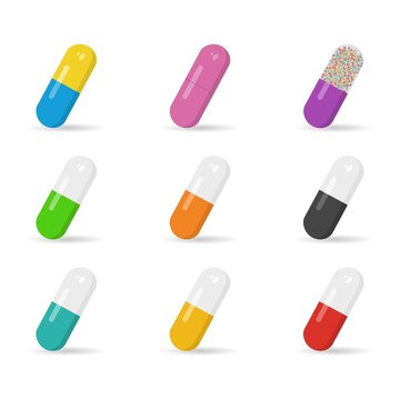 Set of colorful capsules. Medecine pills in different colors. Antibiotics, painkillers, vitamins or aspirin. Medical and hospital icon.