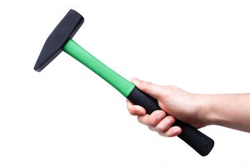 Hammer in hand isolated on white background.