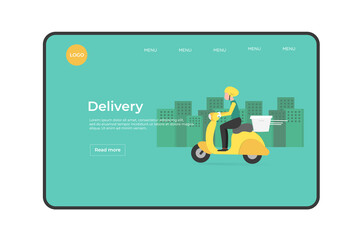 Food delivery service E-commerce concept by scooter courier. Hand holding mobile application tracking a delivery man on a moped. city skyline in the background, vector