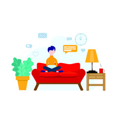 Fototapeta na wymiar A vector illustration with a young man sitting and working in his living room. Stay at home. Work remotely.