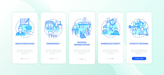 Health education blue onboarding mobile app page screen with concepts. Ergonomic workplace. Kinesiology walkthrough 5 steps graphic instructions. UI vector template with RGB color illustrations