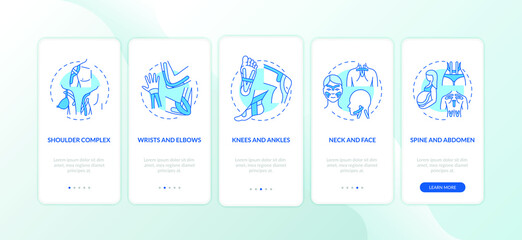 Muscle complex blue onboarding mobile app page screen with concepts. Body health. Kinesiology tape walkthrough 5 steps graphic instructions. UI vector template with RGB color illustrations - obrazy, fototapety, plakaty