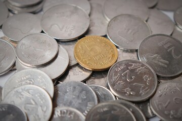 Collection of Indian currency coins. pop out five rupees coin. Highlighted Indian 5 rupee coin. financial banner. Year 2019 5 rupees coin. copy space.