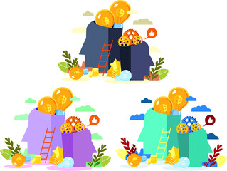 illustration of business graphics, people putting new ideas in their head, abstract human head filled with light bulbs as ideas. Bright modern flat design.
