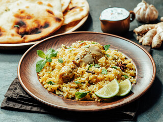 Pakistani food - biryani rice with chicken, raita yoghurt dip and naan flat bread. Delicious hyberabadi chicken biryani on black background