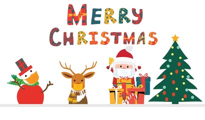 Santa Claus in a hat with a bag of gifts, an elf and a polar deer in a red scarf and a bull with a gift in a cartoon style. social distancing concept due to covid 19. stay home for winter vacation.
