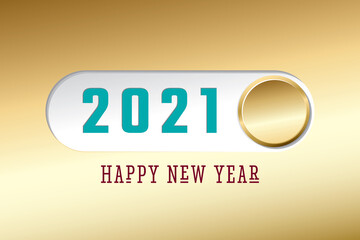 2021 Gold On Off Toggle Switch Buton Style Narrow Numerals Logo and Happy New Year Greetings Lettering Concept - Multicolor on Golden Background - Mixed Graphic Design