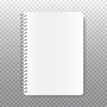 Realistic spiral notepad. White paper for your text. Blank pags of school notebook isolated on transparent background.