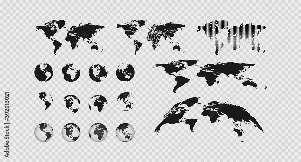 Poster world map set on transparent background. globe vector icon