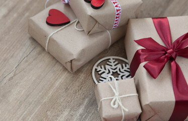 Christmas and New Year presents and boxes on wooden background