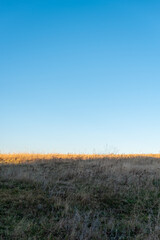 Thin line of sun left on golden dry grass on autumn hill with clear blue sky lots of copy space for text