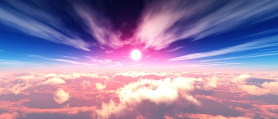 Obraz premium Beautiful sky with clouds at sunset from a height of flight, heavenly landscape, pastel colors of the sunset, 3D rendering