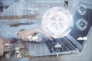 Businessman working on Laptop with technology theme drawing. Concept of big data. Double exposure.