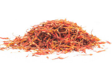 Heap of dried saffron spice isolated on white background, spice and herbs concept (Crocus sativus)