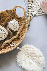 Handmade knitting macrame. Boho lifestyle. Hobby concept. Vertical frame
