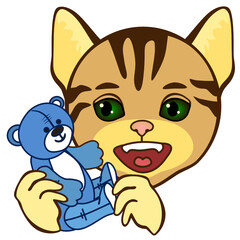 emoji with happy cat holding teddy bear, color emoticon on white isolated background 