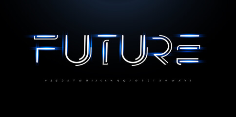 Future style alphabet. Line innovation font, cyber tech type for innovate futuristic logo, techno monogram, network and hud graphic. New technology science style letters, vector typography design - obrazy, fototapety, plakaty