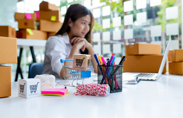 Online shopping / ecommerce and delivery service concept : Paper cartons with a shopping cart or...