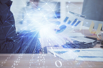 Multi exposure of tech drawings with man working on computer background. Concept of innovation.