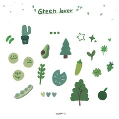 Cute Icon hand drawing with text and doodle for sticker note. Greenery variation, many tone of green. Nature and Vegetable