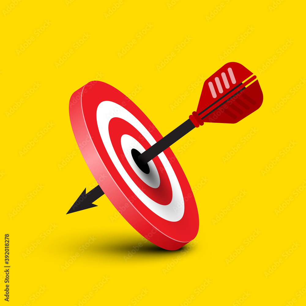 Poster successful shot on dartboart with dart on yellow background - vector
