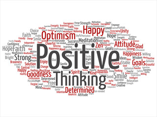 Vector concept, conceptual positive thinking, happy strong attitude abstract word cloud isolated on background. Collage of optimism smile, faith, courageous goals, goodness, happiness inspiration text