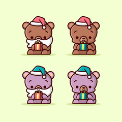 CUTE BROWN AND PURPLE BEAR HOLDING LITTLE CHRISTMAS PRESENT 
