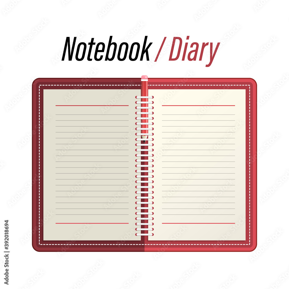 Poster empty notebook - memo - diary with lined papers and pencil vector illustration isolated on white bac
