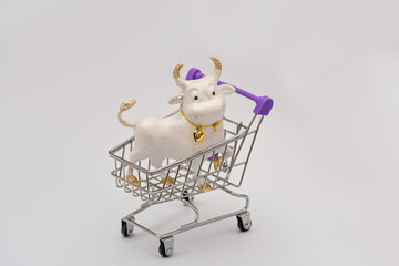 Christmas toy Bull symbol of the new year 2021 in Trolley