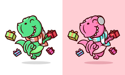 AN HAPPY GREEN AND PINK DINO JUMPING WITH CHRISTMAS PRESENT