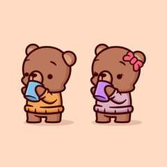 CUTE MALE AND FEMALE BROWN BEAR DRINKS HOT CHOCOLATE