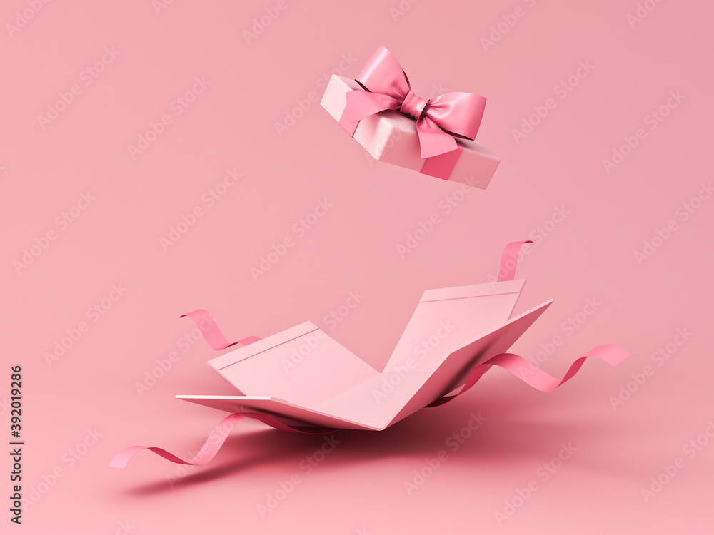 Aufkleber Blank sweet pink pastel color present box or open gift box with pink ribbon and bow isolated on pink background with shadow minimal concept 3D rendering