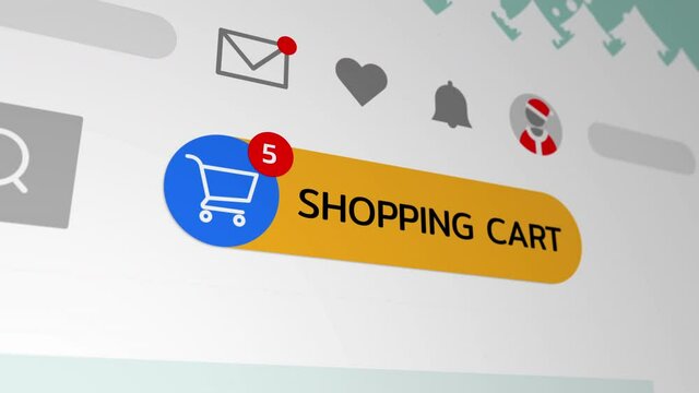 Close up shot animation of shopping cart icon on computer screen with animated counting numbers add online commodity on shopping web page. 4k footage 60 fps.