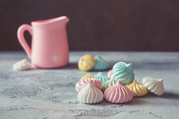 Pink creamer, Cup, multi-colored meringue-served for a romantic Breakfast