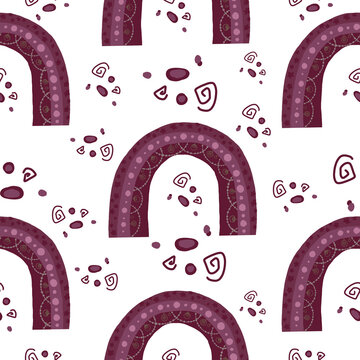 Winter decorative red rainbows and zentangles seamless pattern. Hand drawn scandinavian design for gift paper, wallpaper.  Christmas and New Year trendy designs. Isolated on white.
