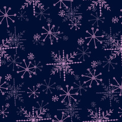 Fototapeta na wymiar Decorative hand drawn violet snowflakes seamless pattern. Isolated on blue background. Flat scandinavian trendy design for Christmas and New Year backgrounds, wrapping designs, cards, wallpapers.