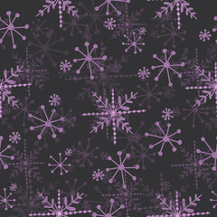 Decorative hand drawn snowflakes seamless pattern. Isolated on dark background. Flat scandinavian trendy design for Christmas and New Year backgrounds, wrapping designs, cards, wallpapers.