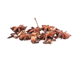 Spices: Clove and cinnamon stick and star anise on white background