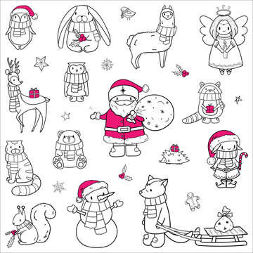 Christmas animals and characters set. Hand drawn doodle cartoon vector illustration, black and white. Santa, elf, snowman, angel, cat, raccoon, bear, squirrel, penguin, bunny, wolf, llama, deer, owl