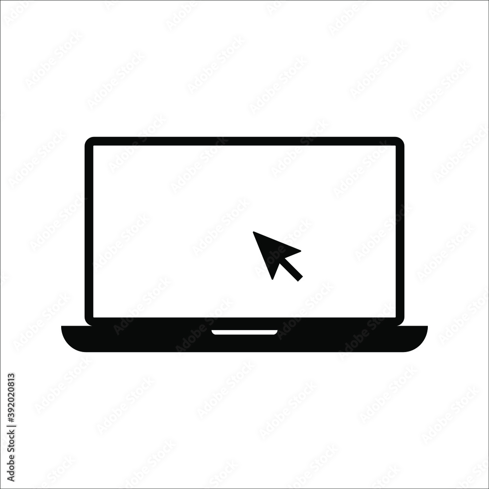 Poster laptop with pointer cursor icon. notebook screen template and clicking mouse on white background.