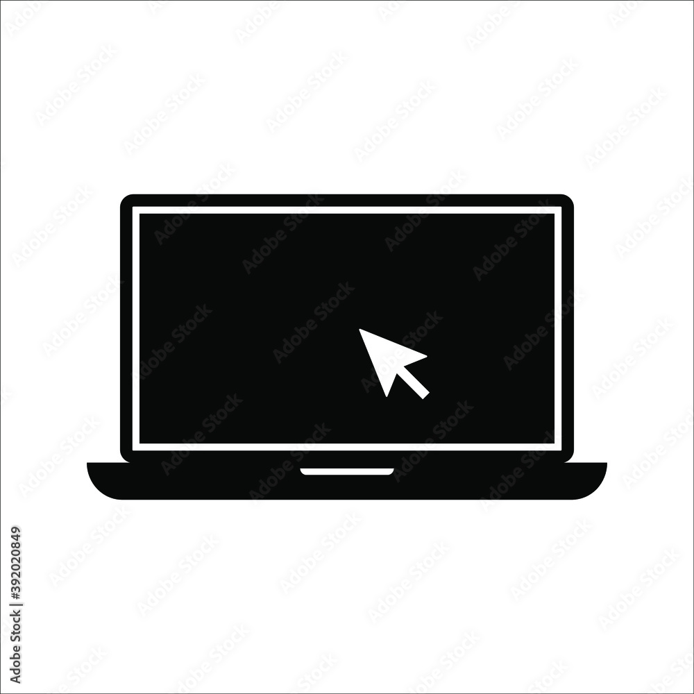 Poster laptop with pointer cursor icon. notebook screen template and clicking mouse on white background.