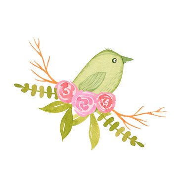 Watercolor small green birds with pink flower bouquets. Hand drawn blossom spring composition. Perfect for Spring, Easter invitation, greeting cards, posters, stickers and other.