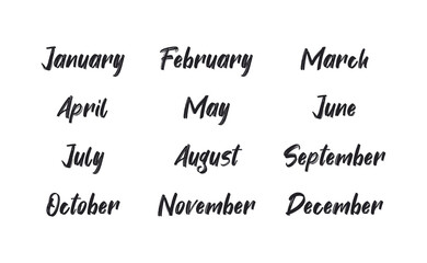 Handwritten names of months: December, January, February, March, April, May, June, July, August, September, October, November. Calligraphy words for calendars and organizers.