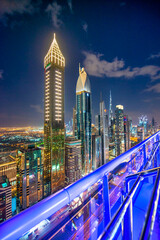 DUBAI, UAE - DECEMBER 11, 2016: Night aerial view of Downtown Dubai skyscrapers along Sheikh Zayed Road