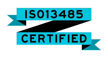 Vintage blue color ribbon banner with word ISO 13485 certified on white background