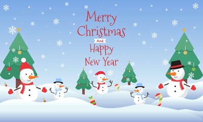 Merry Christmas and happy new year, vector Illustration background.  include Snow man wearing Hat scarf and winter glove, tree, snow, etc. good for banner, card, book, gift, and happiness