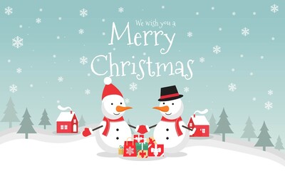 Merry Christmas and happy new year, vector Illustration background.  include Snow man wearing Hat scarf and winter glove, tree, snow, etc. good for banner, card, book, gift, and happiness