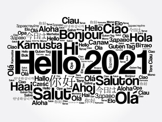 Hello 2021 word cloud in different languages of the world, background concept