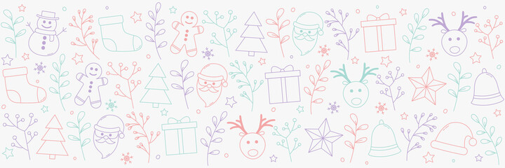 Christmas banner with festive icons. Design of Xmas ornament. Vector